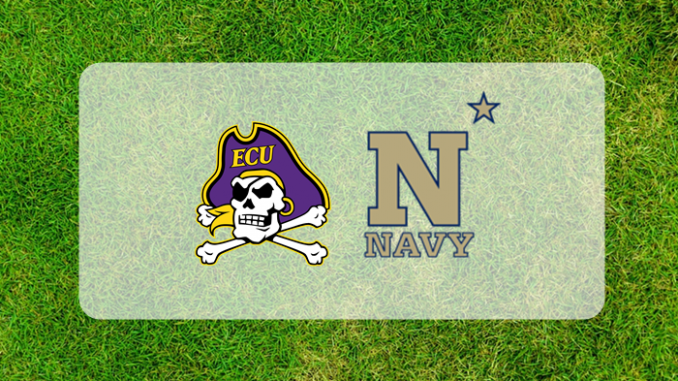 Navy and East Caroline logos on grass field